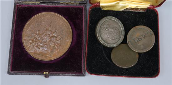 A cased medallion and a 1797 2d and two other coins